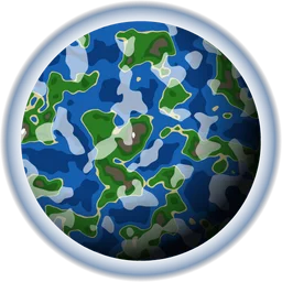 Procedural terrestrial planet with fractal continents, cloud noise layer, and 3D radial shadow gradient