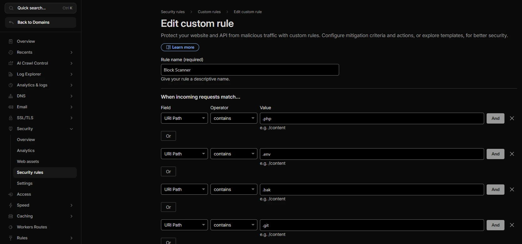 Cloudflare Security Rules Configuration